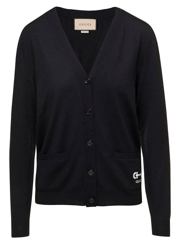 Gucci Women Black V-Neck Button Up Cardigan In Wool Woman