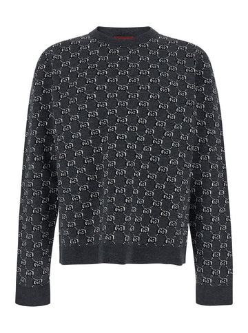 Gucci Men Grey Crewneck Sweater With Jacquard Gg Shadow In Wool Man