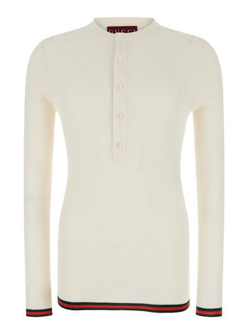 Gucci Men White Long Sleeved Top In Rib Silk Man
