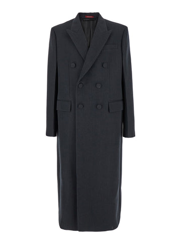 Gucci Men Grey Double-Breasted Coat With Web Detail In Wool Man