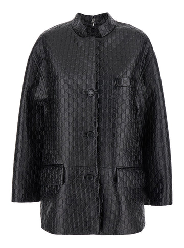 Gucci Women Black Jacket With Embossed All-Over Gg Logo In Leather Woman