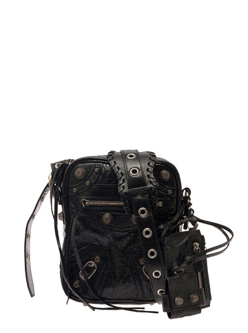 Balenciaga Men 'Le Cagole M' Black Shoulder Bag With Airpods Pro Case In Leather Man