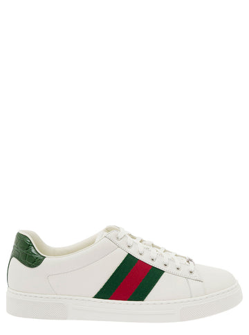 Gucci Men 'Ace' White Low Top Sneakers With Web Details In Leather Man
