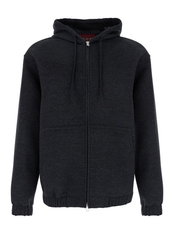 Gucci Men Grey Hooded Jacket With Logo Embroidery On The Front In Wool Man