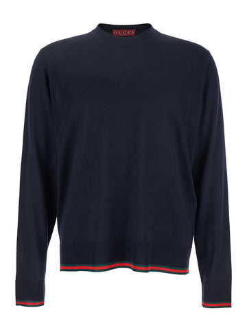 Gucci Men Blue Crewneck Sweater With Web Trims In Wool Man