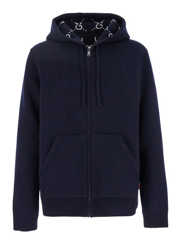 Gucci Men Blue Reversible Jacket With Hood And Zipper In Wool Man