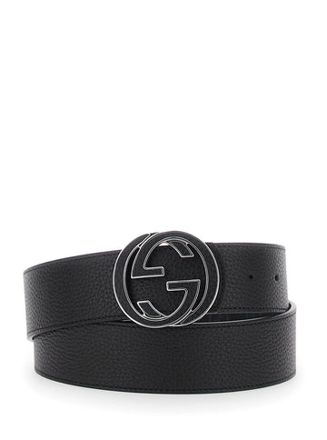 Gucci Men Black Reversible Belt With Interlocking G Buckle In Leather Man