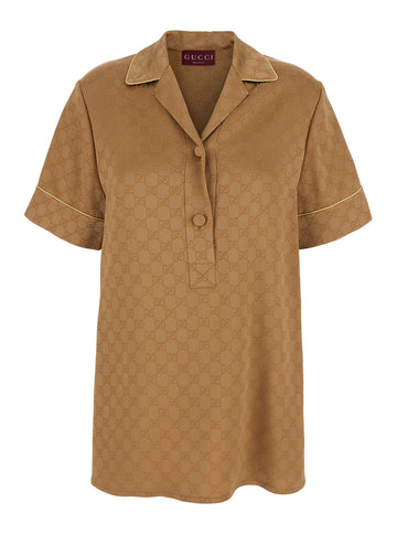 Gucci Women Beige Shirt With All-Over Gg Motif In Satin Woman