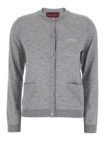 Gucci Women Grey Cardigan With Round Neck And Logo Lettering Embroidery On The Front In Cashmere And Silk Woman