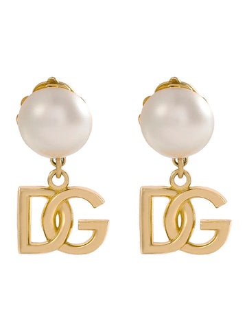 Dolce & Gabbana Women 'Newton' Metallic Earings With Logo Pendant And Faux-Pearl Embellishments In Brass Woman