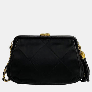 Black Satin Quilted Tassel Frame Crossbody Bag