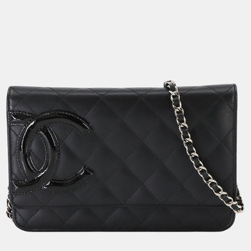 Black Enamel Leather Cambon Line Long Bi-fold Chain Wallet