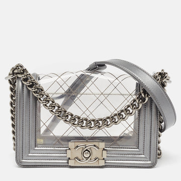 Grey/Clear Quilted PVC and Leather Small Boy Flap Bag