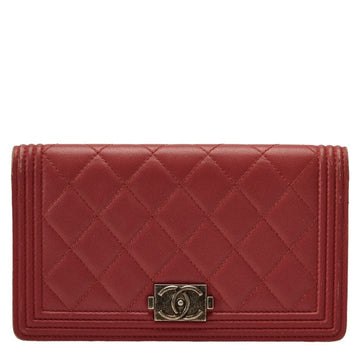 Chanel Boy Long Wallet Wine Red Leather