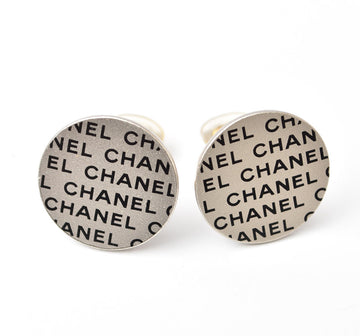Chanel Silver Logo Print Round Plate Earrings