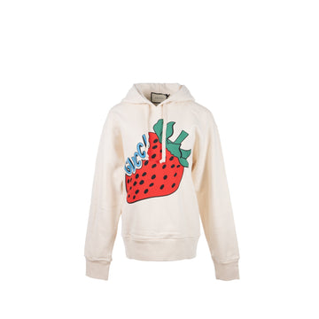 Gucci Size S Strawberry Printed Hoodie Cotton White/Multicolour