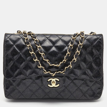 Black Quilted Glitter Patent Leather Jumbo Classic Single Flap Bag
