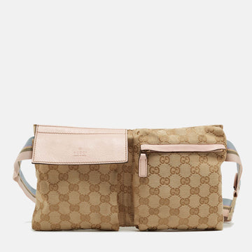 Beige/Pink GG Canvas and Leather Double Pocket Belt Bag