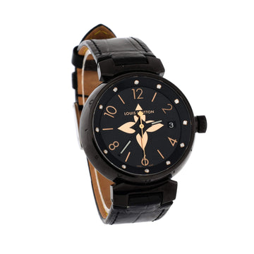 Louis Vuitton Tambour All Black Quartz Watch PVD Coated Stainless Steel and Alligator with Diamond Markers 34