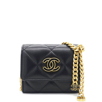 Chanel Black Quilted Lambskin Leather cc Enamel Card Holder with Chain