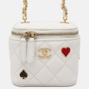 White Pin Embellished Quilted Caviar Mini Classic Vanity Case with Chain