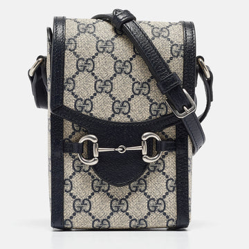 Beige/Navy Blue GG Supreme Canvas and Leather Mini Horsebit 1955 Crossbody Bag