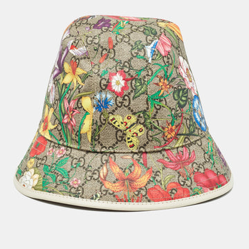 Multicolor GG Floral Print Coated Canvas Leather Trimmed Bucket Hat L
