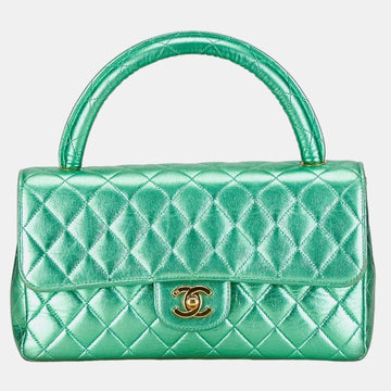 Metallic Green Lambskin Leather Quilted Top Handle Bag