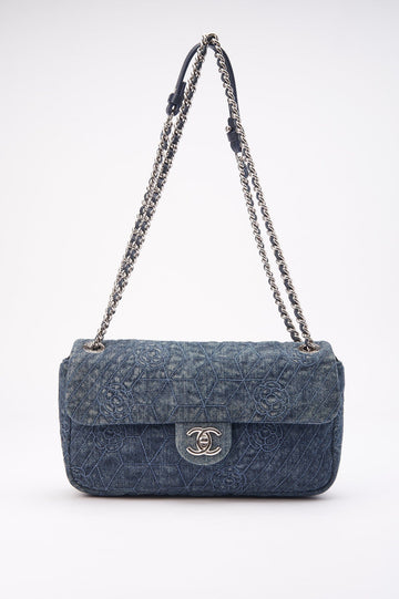 Chanel Blue Denim Camellia Embroidered CC Flap Bag