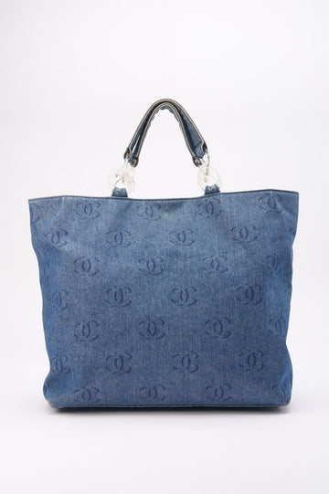 Chanel Blue Denim Tote Bag With CC Print