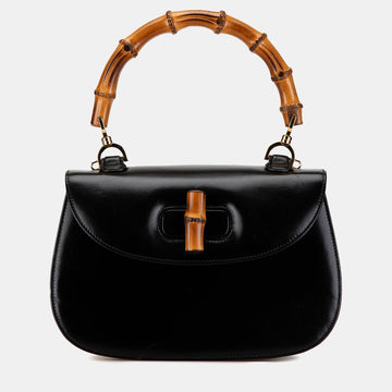 Black Calfskin Leather Bamboo Night Top Handle Bag
