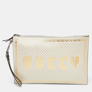 Off-White Leather "Guccy" Zip Wristlet  Pouch