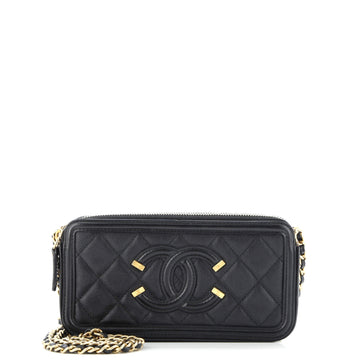 Filigree Double Zip Clutch with Chain Quilted Caviar