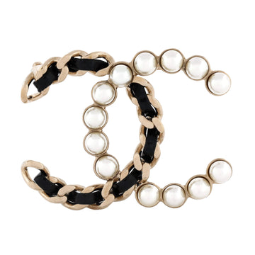 CC Chain Brooch Metal and Leather with Faux Pearls