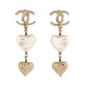 CC Pearl Double Heart Drop Earrings Metal with Resin