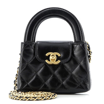 Kelly Top Handle Shopping Bag Quilted Shiny Aged Calfskin Nano