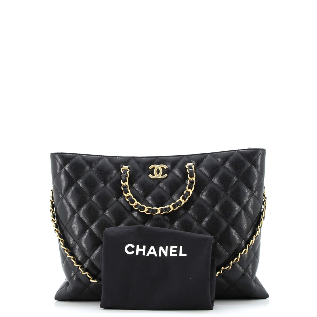 CC Chain Handle Shopping Tote Quilted Caviar Large