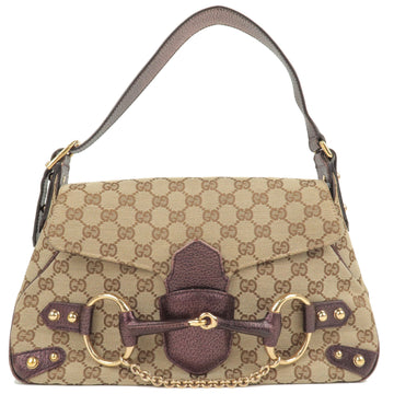 GUCCI Horsebit CS Canvas Leather Shoulder Bag Beige 131474