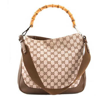G*G Brown Leather CS Monogram Canvas Bamboo Tote Bag (Pre Owned)