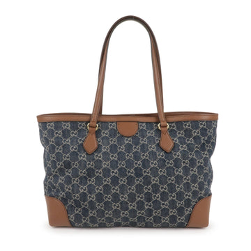GUCCI EC Denim Leather Tote Bag Denim Blue Brown 631685
