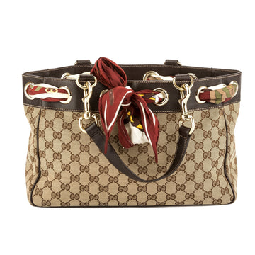 G*G Brown Leather CS Monogram Canvas Scarf Tote Bag (Pre Owned)