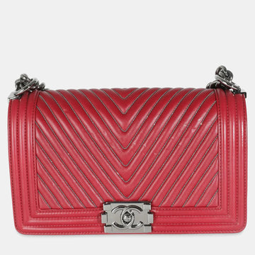 Burgundy Chevron Calfskin Chain Medium Boy Shoulder Bag