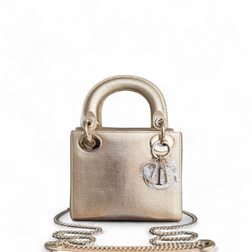 Dior Lady Mini - Exotic Lizard Skin Gold Metallic Gold Hardware Chain Strap