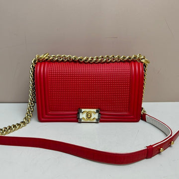 Chanel Boy Flap Bag Cube Embossed Lambskin Old Medium Red B23-65