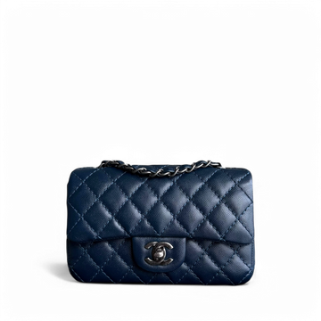 Chanel Classic Flap Mini Rectangle - Caviar 20CM Quilted Dark Blue Ruthenium Silver Hardware Series 23