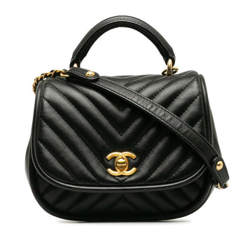 Chanel Coco V Stick Top Handle  Chain Shoulder Bag Black Leather  CHANEL [Middle] Vintage