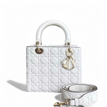Dior Lady Medium Flap - Calfskin Cannage White Gold Hardware