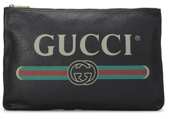 Gucci, Black Leather Logo Print Pouch, Black