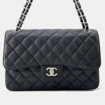 Black Caviar Leather Matelasse W Flap Chain Shoulder Bag Size 30