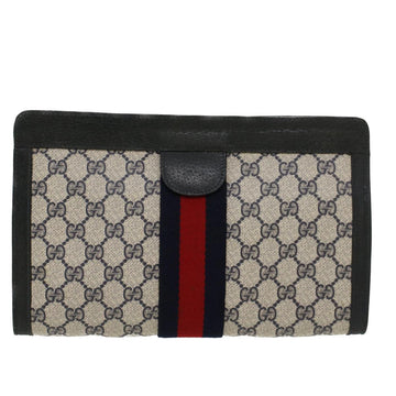 GUCCI EC Canvas Sherry Line Clutch Bag Gray Red Navy